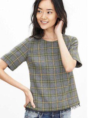 BANANA REPUBLIC Women's Plaid Lace Trim Short Sleeve Tweed Top Size XS